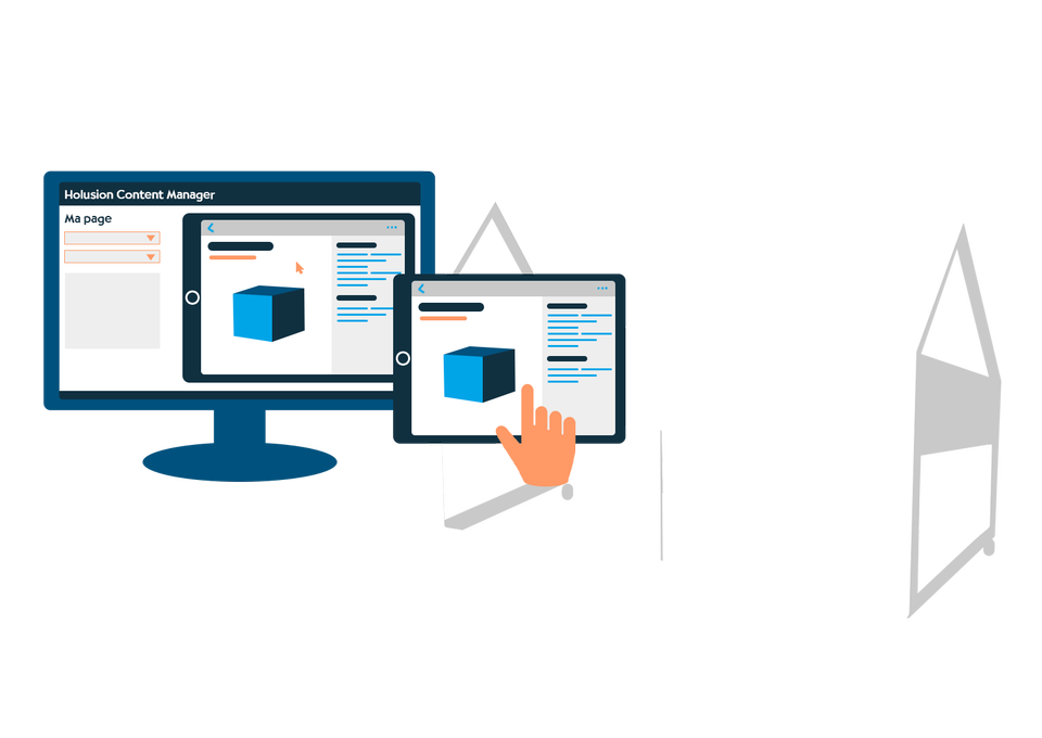 sketch showing the interaction between the holusion content manager application on a pc screen, the Holusion companion application on Ipad and the hologram displayed on the screen.